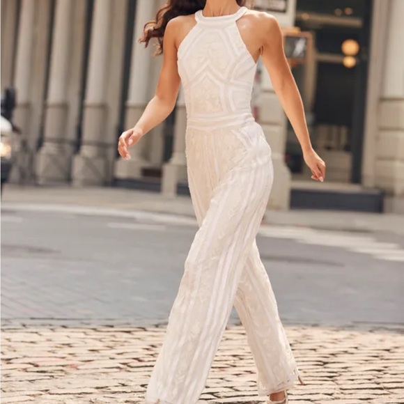 NWT Tell Me Everything White Beaded Sequin Wide-Leg Jumpsuit - Picture 3 of 4